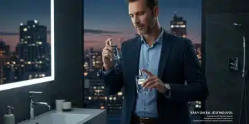 Man in suit applying new fragrance, modern bottle, sophisticated style