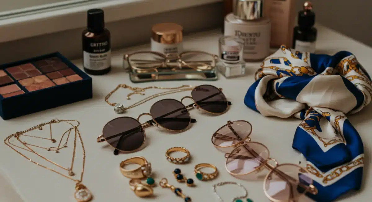 Collection of modern accessories on a vanity table