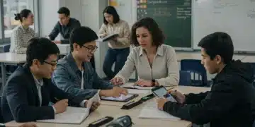 Students and teachers collaborating in a modern classroom setting