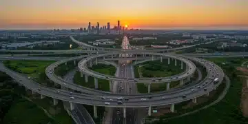 Modern highway interchange at sunset, showcasing advanced transportation infrastructure.