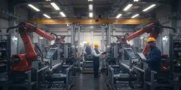 Modern manufacturing plant with robotics and diverse workforce, symbolizing US industrial revival and growth by 2026.