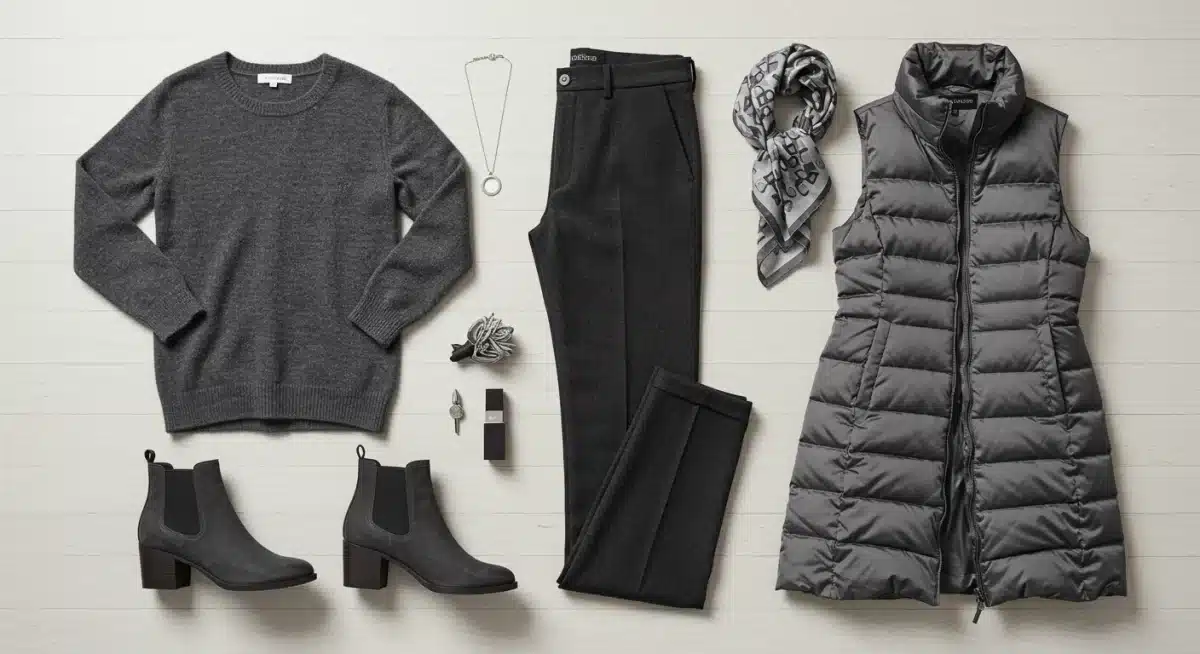 Flat lay of monochromatic gray winter outfit components, including cashmere sweater, wool trousers, puffer vest, and ankle boots.