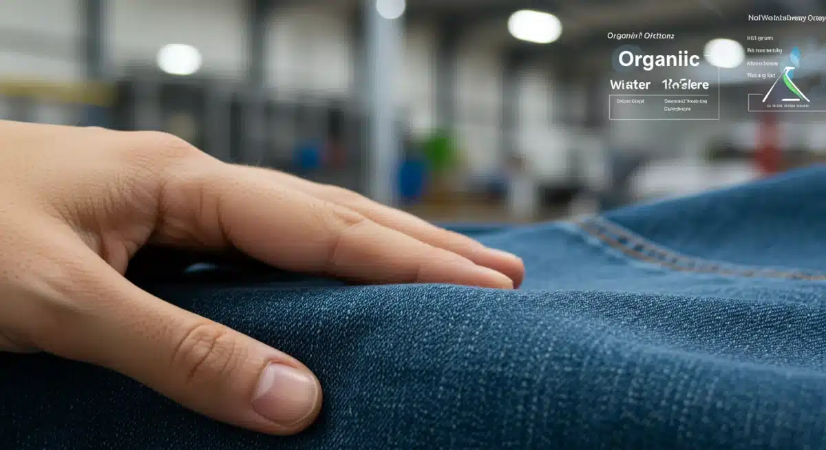 Close-up of organic cotton denim fabric, highlighting sustainable textile production and quality.