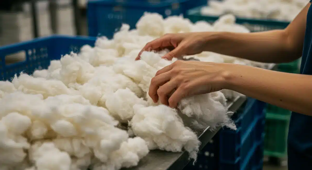 Hands sorting organic cotton for ethical textile production