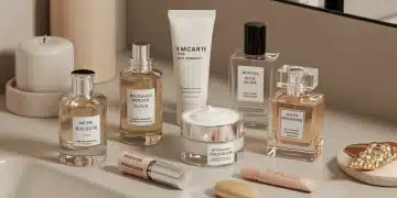 Perfume bottles, moisturizer, and primer on a vanity for fragrance longevity
