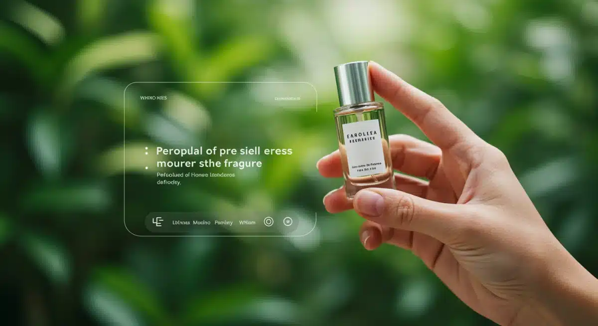 Hand holding minimalist perfume bottle, blending nature and technology for a personalized fragrance experience.