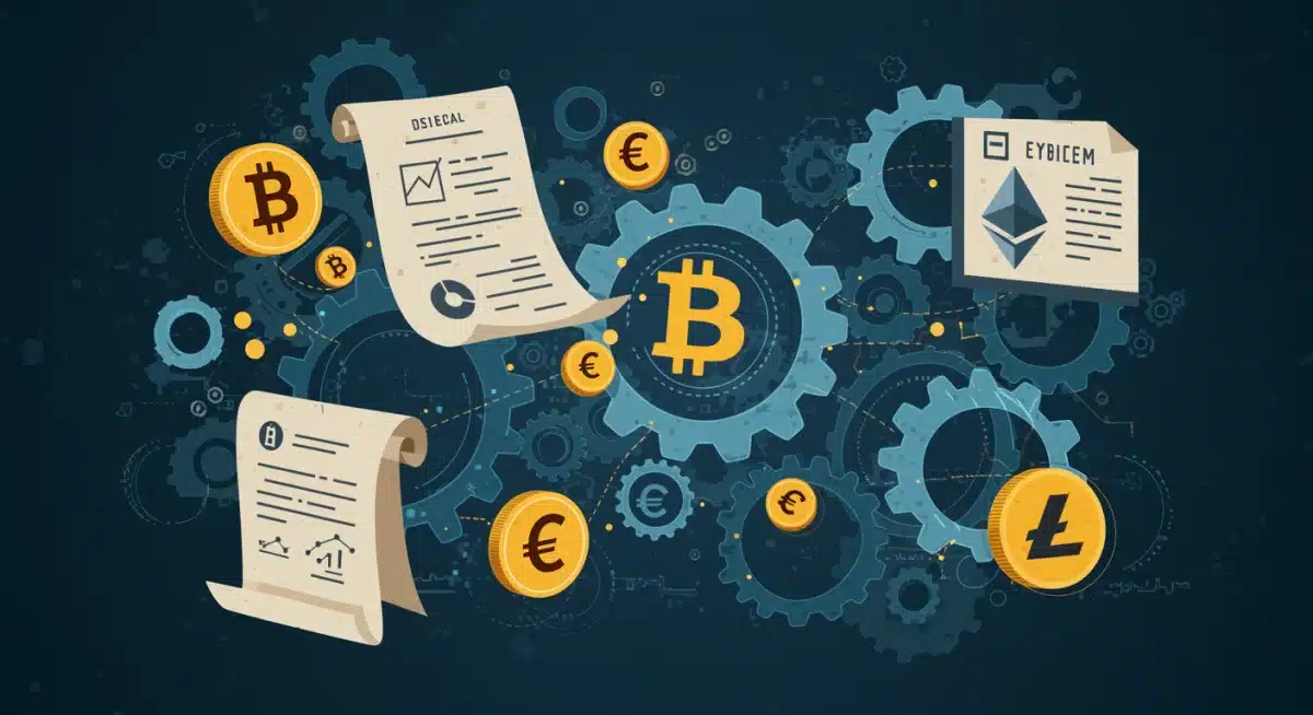 Intricate regulatory framework with cryptocurrency symbols in 2026