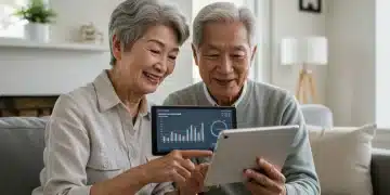 Happy senior couple planning retirement finances with tablet