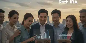 Group of people confidently reviewing Roth IRA investment growth on a tablet
