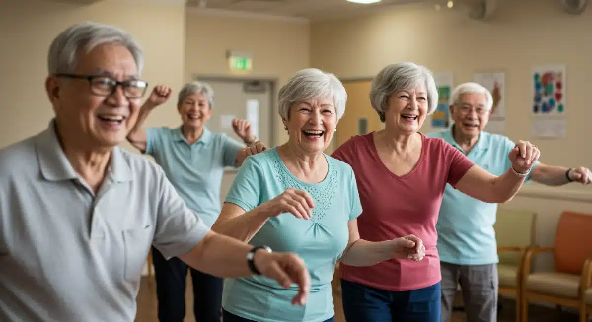 Seniors engaged in community activities at a modern senior center.