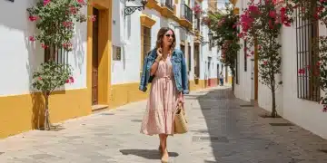 Woman in midi dress and denim jacket walking in Seville, Spain