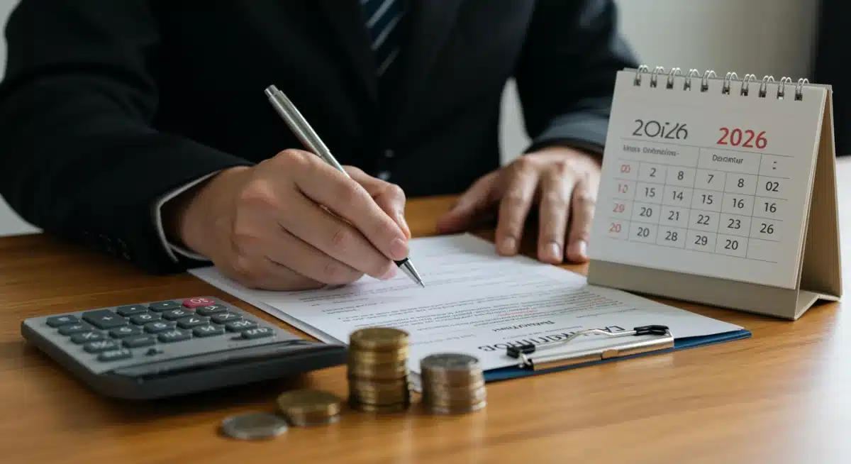 Hands signing legal documents for estate planning with a calculator and calendar.
