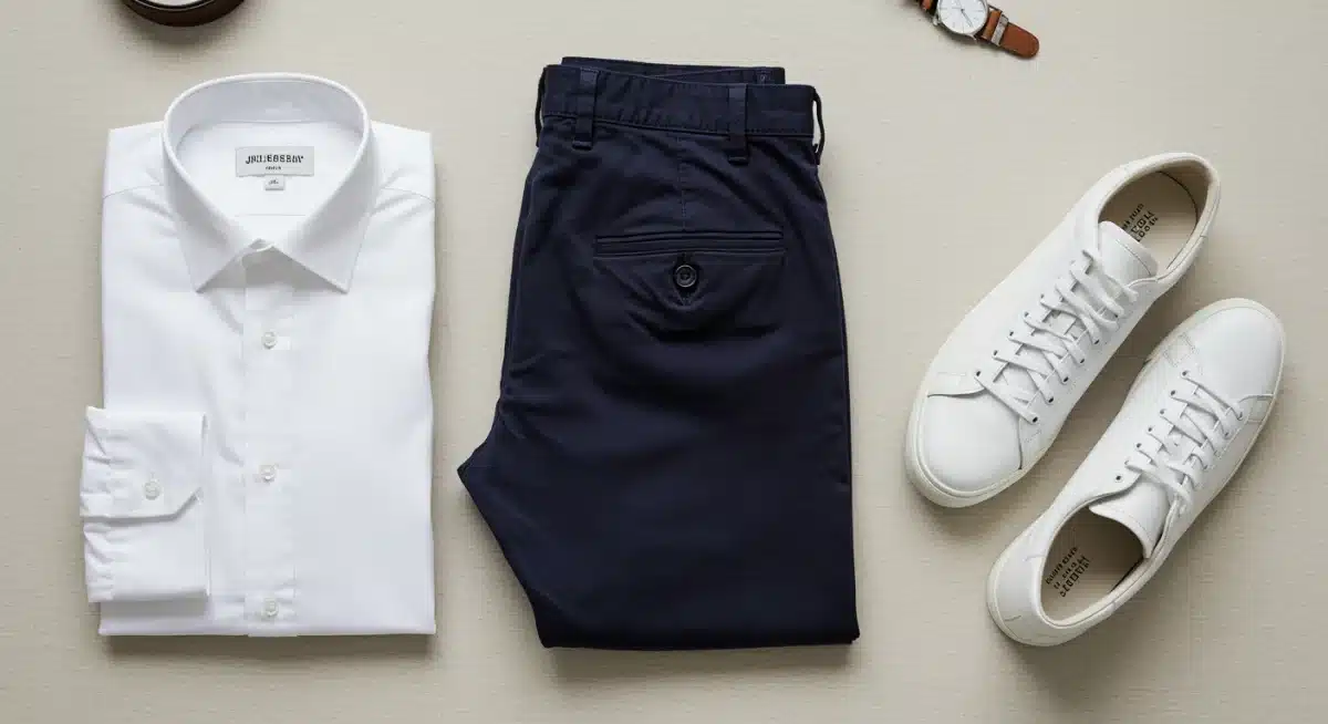Flat lay of essential smart casual items: white shirt, navy chinos, white sneakers.