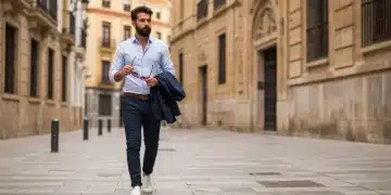 Stylish Spanish man in smart casual attire walking in a city, embodying affordable elegance.