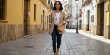 Spanish woman in versatile blazer and jeans, embodying affordable chic style in 2025