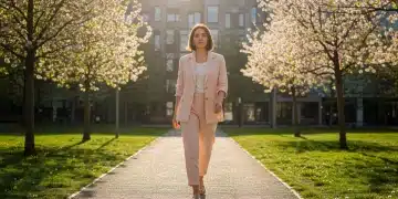 Woman in sustainable linen suit, embodying Spring 2026 fashion trends with elegance