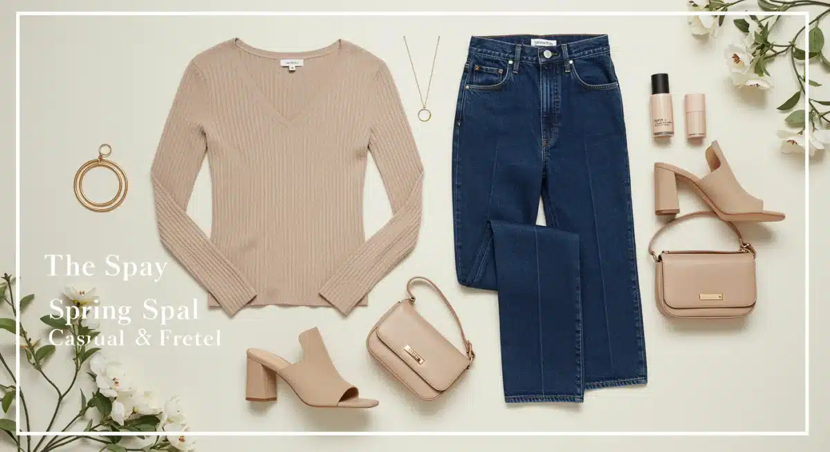 Curated flat lay of 2026 spring business casual outfit with knit top and elevated denim