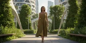 Woman in sustainable dress walking in eco-park 2026