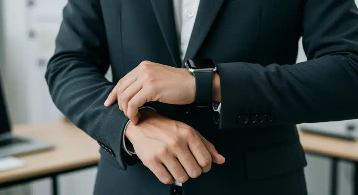 Close-up of tailored blazer with stretch fabric and modern accessories.