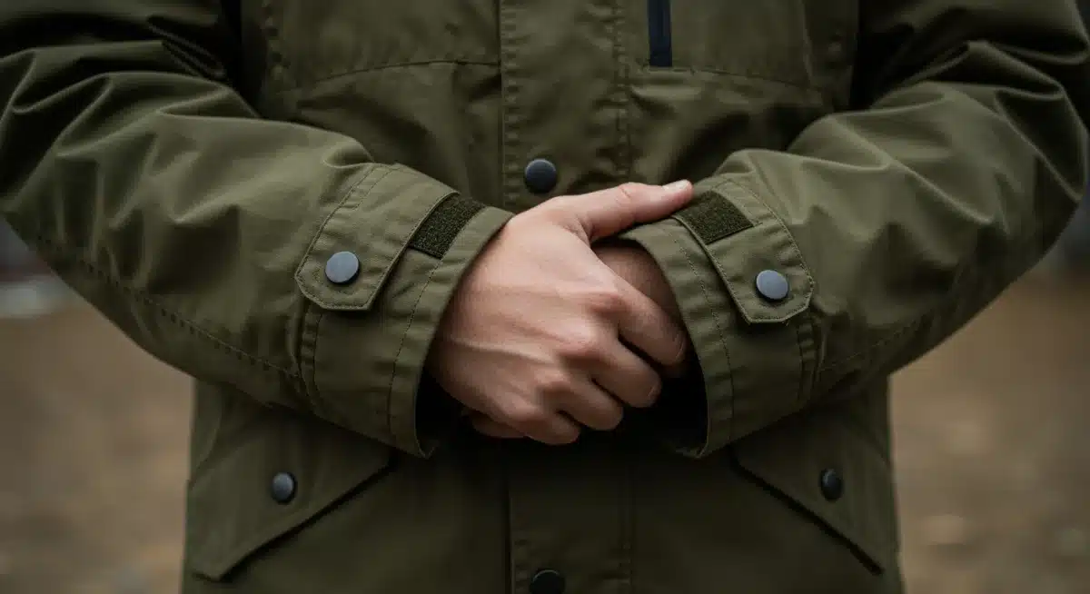 Close-up of a technical trench coat showcasing water-resistant fabric and sealed seams.