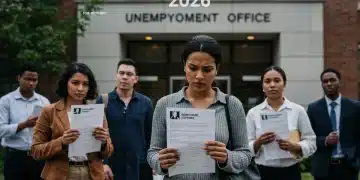 People seeking unemployment benefits outside a government office in 2026