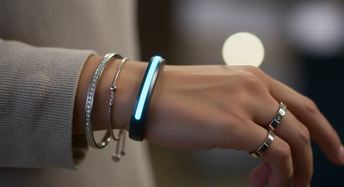 Close-up of a smart ring and elegant bracelet on a hand, showcasing futuristic wearable tech