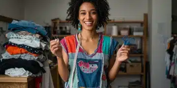 Woman in upcycled outfit with sewing kit, sustainable fashion