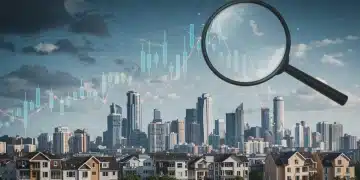 Urban skyline with downward trend graphic, symbolizing housing market correction