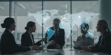 U.S. business leaders analyzing global trade routes and agreements on a holographic map.