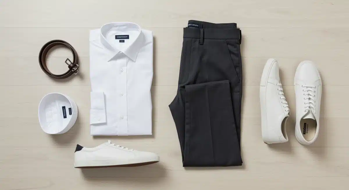 Flat lay of versatile white Oxford shirt, gray trousers, and minimalist sneakers