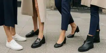 Women wearing minimalist sneakers, block-heel loafers, ballet flats, and cushioned ankle boots, representing 2026 footwear trends.