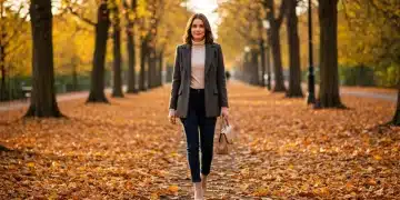 Stylish woman in a layered autumn 2026 capsule wardrobe outfit in a park with fall leaves.