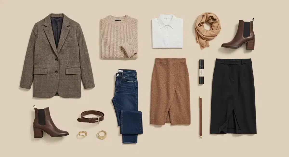 Flat lay of 12 essential pieces for an autumn 2026 capsule wardrobe.