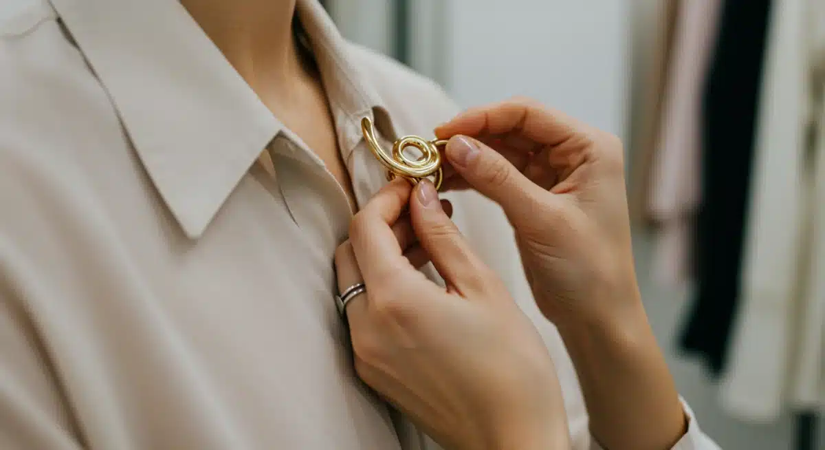 Woman accessorizing a minimalist outfit with avant-garde jewelry
