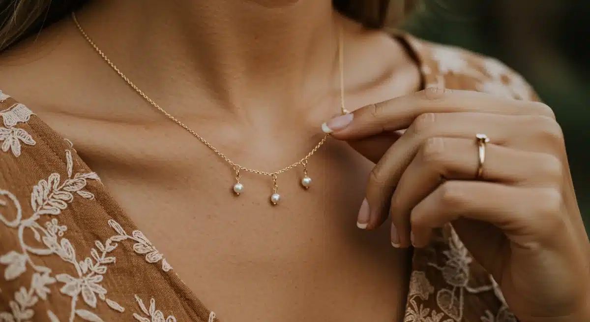 Close-up of a delicate gold chain necklace complementing a date night outfit