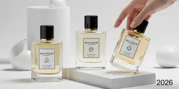 Three elegant fragrance bottles representing different subscription boxes with data overlays for 2026 analysis.