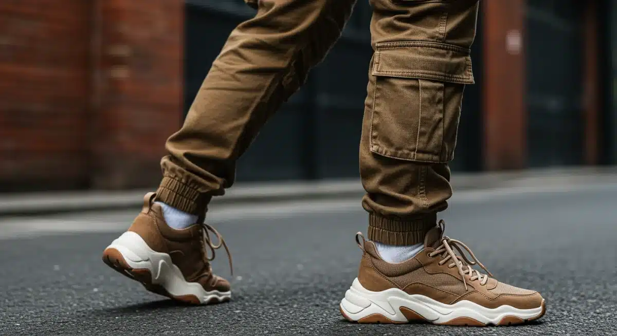 Affordable layered cargo pants and chunky sneakers