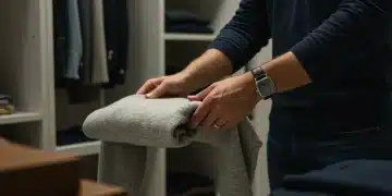 Man folding cashmere sweater in organized closet, symbolizing wardrobe care