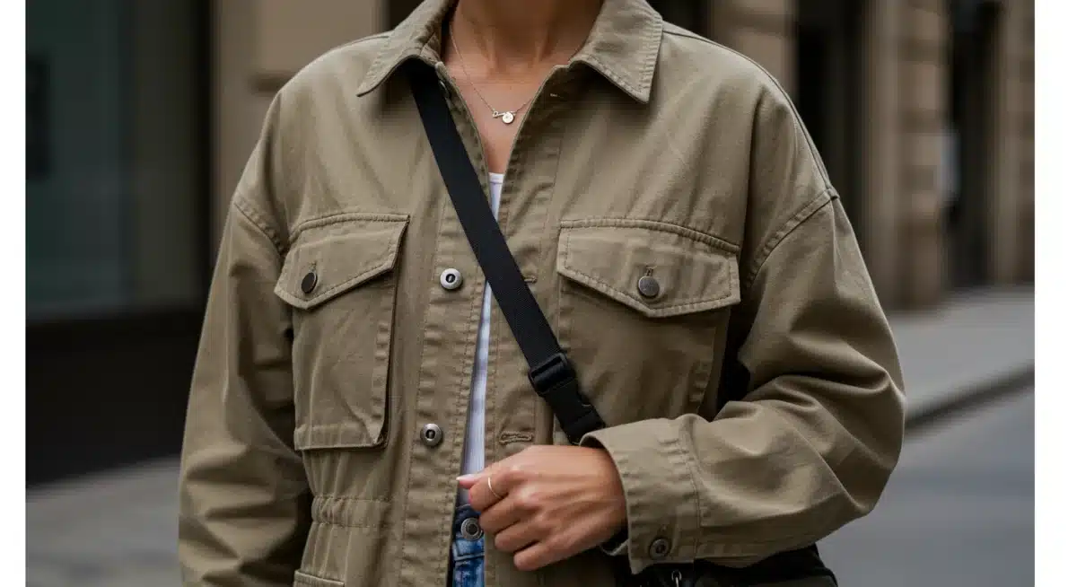 Woman in oversized utility jacket, highlighting functional fashion