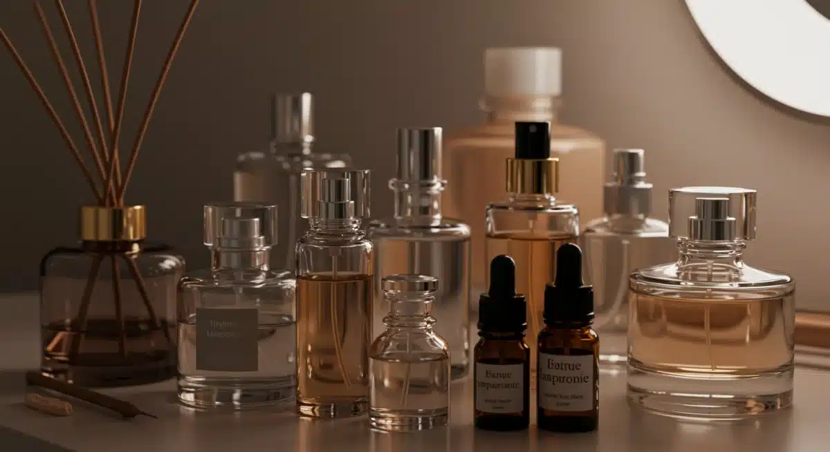 Diverse collection of perfume bottles and essential oils for layering