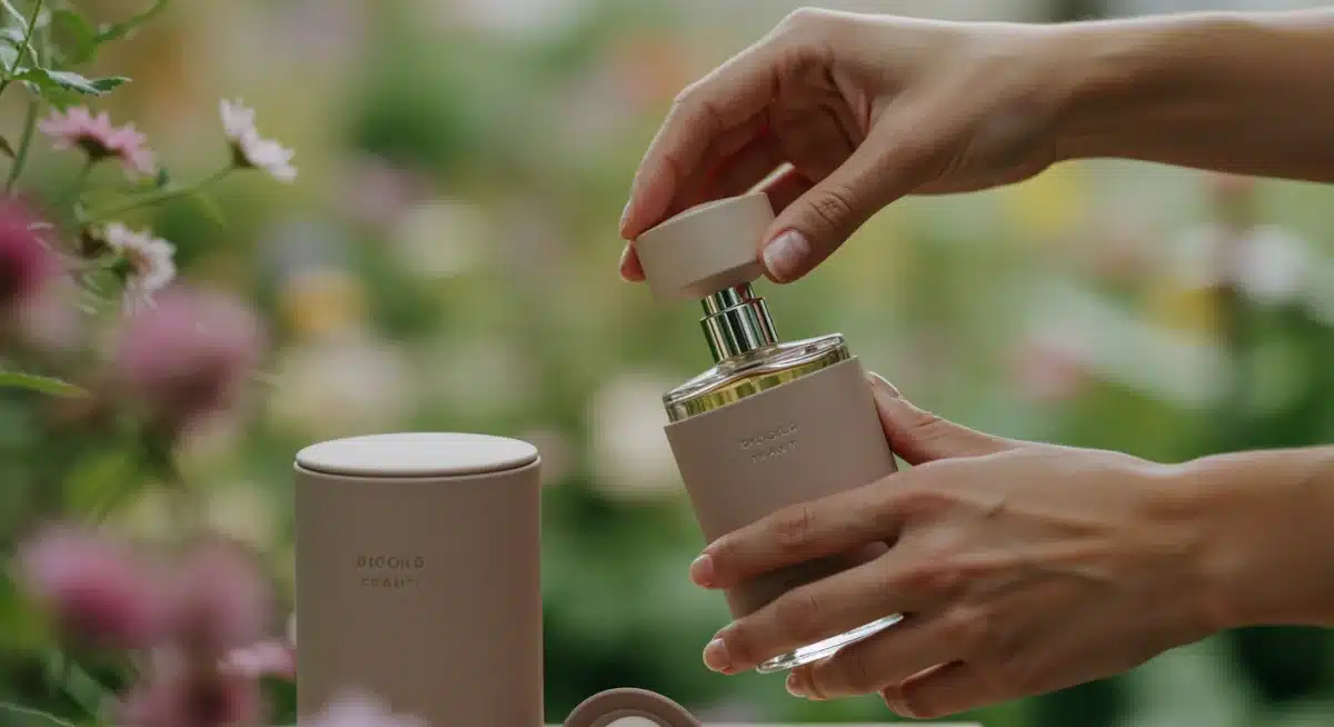 Refillable fragrance bottle being placed in reusable casing.