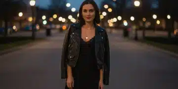 Stylish woman in black slip dress and faux leather jacket for a date night in 2026
