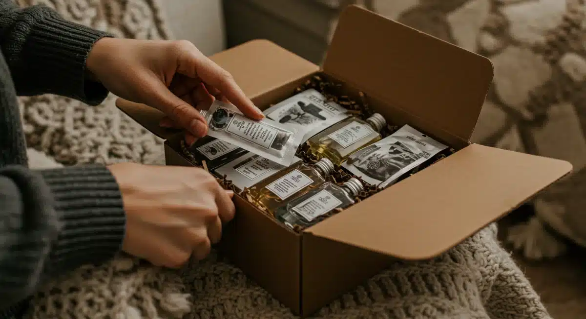 Person unboxing a fragrance subscription box with multiple perfume vials inside.