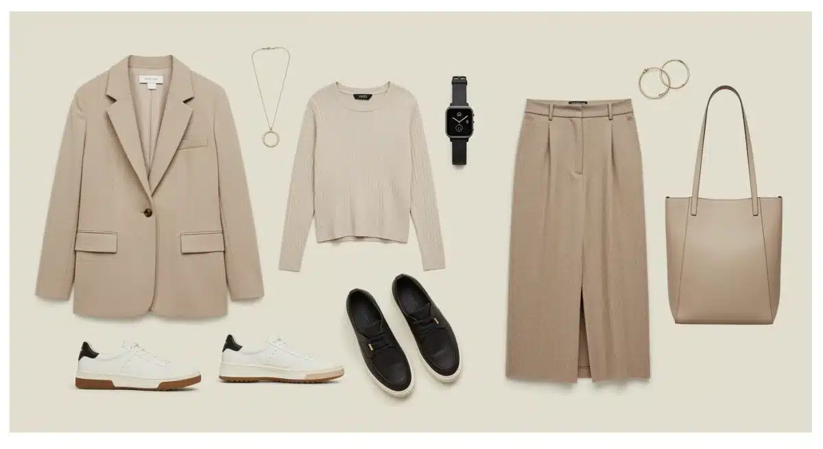 Capsule wardrobe essentials for work-from-home and office, featuring versatile and interchangeable clothing items and accessories.