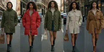 Women showcasing 2026 outerwear trends: utility, puffer, and trench jackets