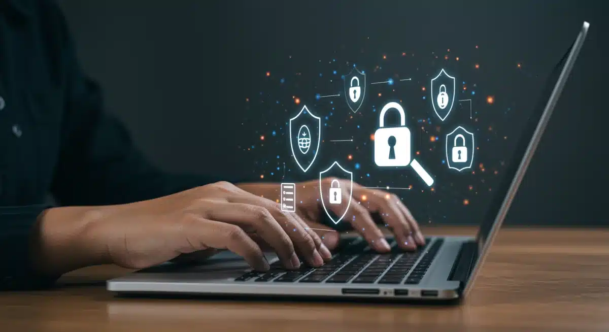 Hands typing on laptop with digital data privacy icons, representing active data protection