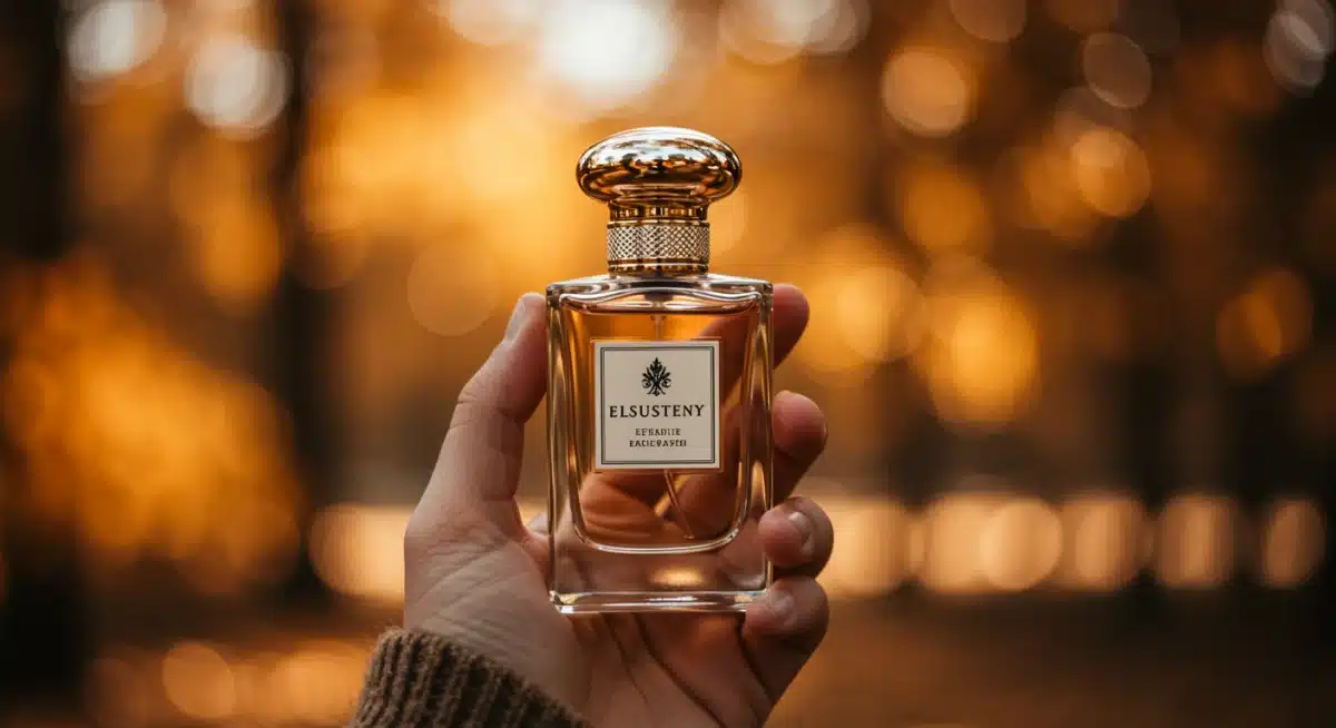 Hand holding an artisanal perfume bottle amidst autumn foliage