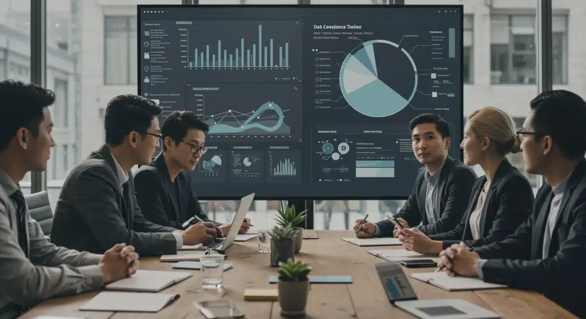 Business professionals discussing data compliance and strategic planning for new privacy regulations