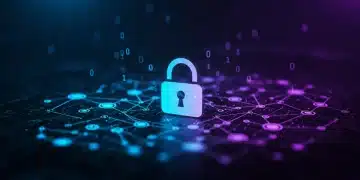 Digital padlock over glowing data network symbolizing new data privacy standards and security