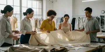 Designers and workers collaborating on sustainable fabric inspection in an ethical fashion factory.